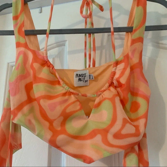 Princess Polly Funky 90's Style Sheer Too Floating Sleeves Tie Dye Orange Yellow - Picture 3 of 8